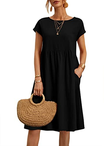 Earnmore Vestiti da Donna Estivi Girocollo Manica Corta Vestiti Casual Abito in Lino Eleganti Tinta Unita Vestito Boho Abiti al Ginocchio Larghe Abito da Spiaggia A Nero L