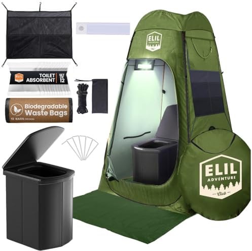 Camping Shower Tent With LED Sensor Light 6.23 ft - Large Easy Pop Up Privacy Changing Enclosure for Beach and Outdoor Use (Green With Accessories)