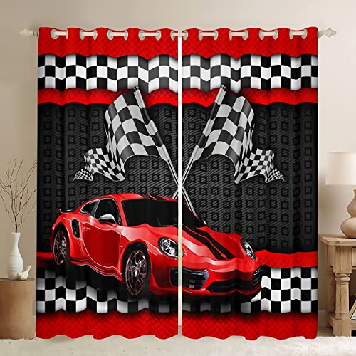 Rideaux de fenêtre de voiture de course rouge, rideaux de fenêtre de voiture de sport à carreaux noirs et blancs pour enfants et adolescents, décoration de chambre à coucher, 117 x 137 cm