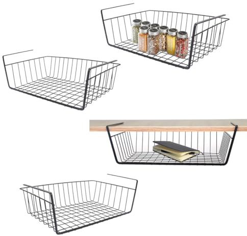 WEERSTONE Lot de 4 paniers de rangement amovibles en fil métallique à suspendre sous étagère pour cuisine, armoires, étagères, armoire, salle de bain, bureau (noir)