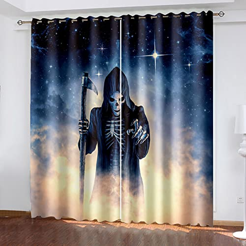 HOUKAI Vorhänge Kurz Fenster Wohnzimmer 3D Stern Totenkopf Kreativ Vorhang Verdunkelung Blickdicht Gardinen 140x160 cm Vorhänge Schlafzimmer Mit Muster Modern 2Er Set, Vorhänge Für Kinder Mit Ösen