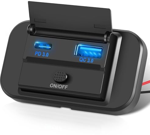 SYCEES Toma de Cargador Rápido USB Dual QC3.0&PD3.0,Cargador Coche USB Type C y A de Carga Rápida Impermeable con Interruptor para DC 12-24V, Carga Adaptador Súper Rápida para Coche SUV Camión