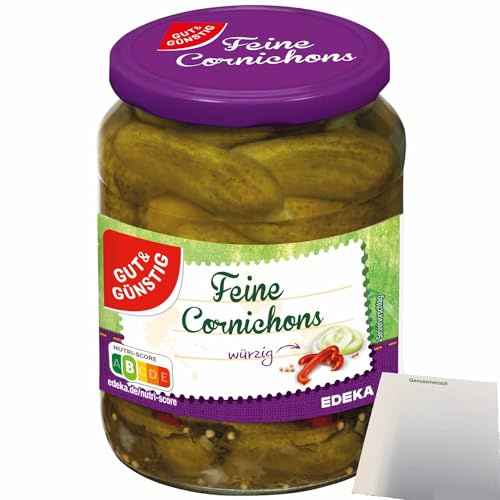 Gut&Günstig Cornichons würzig-pikant kleine feine Gurkensortierung (670g Glas) + usy Block