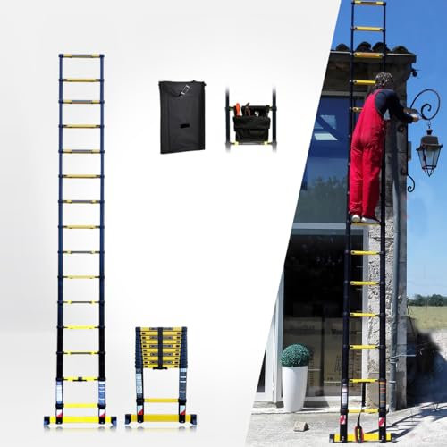 Woerther Échelle Télescopique 4m40 en Aluminium équipée de Barre stabilisatrice, avec Housse de transoprt et Sac à Outils, Garantie 5 Ans