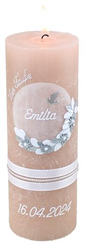 Cerziies® Taufkerze Rustik Emilia Junge oder Mädchen mit Name und Datum, individuell und handverziert 2349, Variante:Klassischer Docht