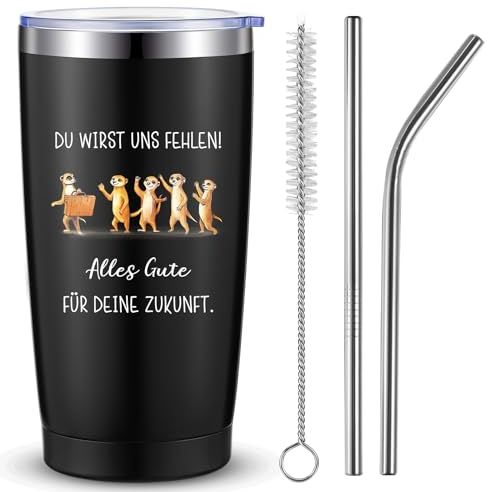 Hestya Vaso Termico 600ml 20oz con Dicho du Wirst Uns Fehlen Divertido Regalo de Despedida para Compañeros Termo y Taza Aislante de Acero Inoxidable con Pajita y Cepillo para Cambio de Trabajo