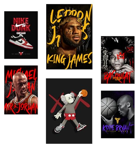 Nacnic 6er-Set Grafiti Pop King James Jordan Nike Basquiat Kobie Poster mit Designillustrationen zur Dekoration der Wände Ihres Zuhauses Räume Laden A3 & A4 Rahmenlos
