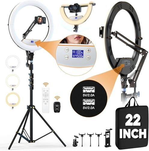 22 Foldable Large Ring Light with Stand for iPhone iPad,75 Tripod with Overhead Shooting Bracket 50W 6500K 4 Clips/LCD Display/2 USB PortsTattoo Barber Makeup Studio Video Photography Lighting