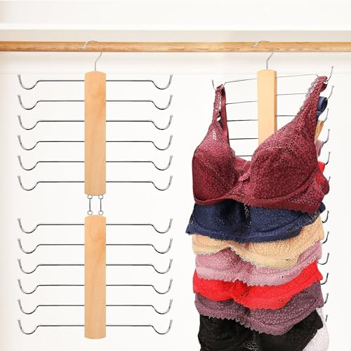 GmeDhc 1 Stück BH Organizer aus Holz, Kleiderbügel Platzsparend, 12 Etagen BH Aufbewahrung, Multifunktion Kleiderbügel, Bügel für Tank Tops, Camisoles, Pyjamas, BHS, Strapsröcke