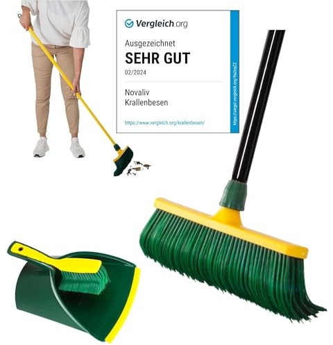 Novaliv Escoba premium con mango de 30 cm, incluye recogedor jumbo, cepillo especial de cerdas curvas, cabezal de plástico, ideal como escoba de jardín, escoba rascadora, escoba de césped artificial,