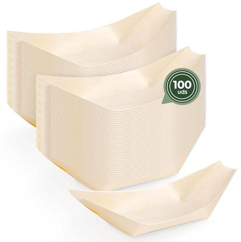 Horeca Collection MAXI PRODUCTS - 100 Barquillas de Madera Desechables - Cuencos Catering Aperitivos Desechable - Cuenco Madera Cocktail - Barquillas Madera 21,5 x 11,5 x 3 cm - PRÁCTICO Y APILABLE