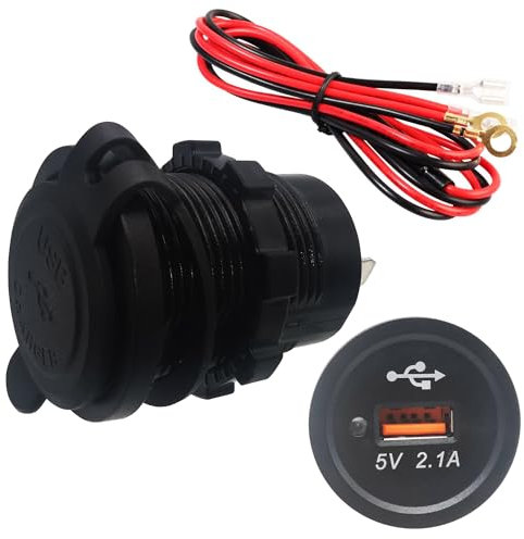 Prise USB Camping Car, Dujelixa Prise Courant pour Chargeur Voiture USB 5 V/2,1A, Prise Chargeur USB étanche 12/24V avec indicateur LED Bleu, fusible 60 cm, Convient pour Motos, Camping-Cars(1 pièce)