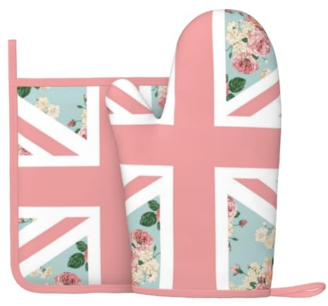 Englische Rosen Union Jack Flagge, Ofenhandschuhe und Topflappen-Set, hitzebeständige, rutschfeste Küchen-Ofenhandschuhe aus Silikon