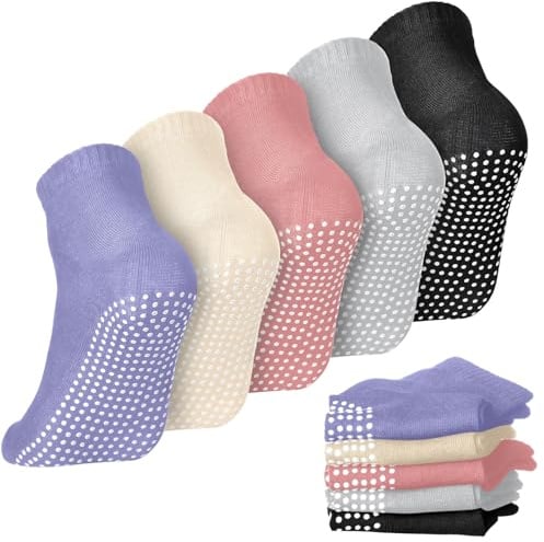 Geyoga 5 paia di calzini antiscivolo per uomo e donna, calzini antiscivolo con cuscino, unisex, per yoga, pilates, sbarre, allenamento a casa, nero, grigio cenere, rosa, beige, viola, taglia unica
