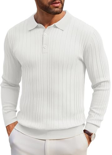 COOFANDY Herren Pullover Langarm Strickpullover Schmale Streifen mit Polokragen Gestrickt Polohemd Trendy Design Poloshirt Sweater Weiß M