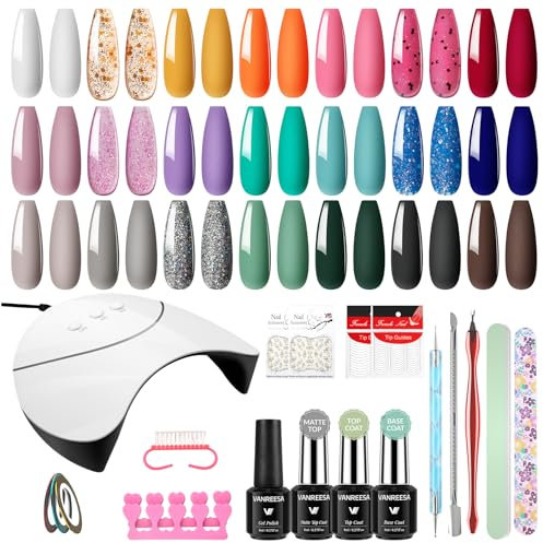 VANREESA 40 PCS Gel Nail Polish Set with Lamp Starter Kit Pink Purple Green Blue Summer Colours Gel Nail Kit with U V Lamp Nail Salon Set Gifts for Women