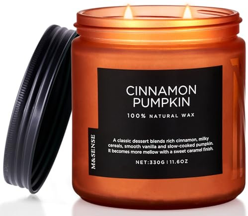 M&SENSE Zimtkürbis Herbstduftkerze 330g natürliche Sojawachskerzen 2 Dochte Herbstlangbrennkerze 70 Stunden Brenndauer Glaskerzengeschenk für Männer und Fraue Cinnamon Pumpkin Fall Scented Candle