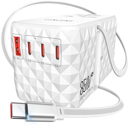 LENCENT 85W Adaptador Enchufe Universal con Cable USB C Escalable, Adaptador Internacional con 1 Tipo-A & 3 Tipo-C Carga Rápida, Cargador Enchufe con Cable Integrado USB C para US/UK/EU/AUS, Blanco