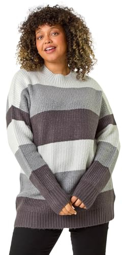 Roman Curve Colour Block Stripe Knit Jumper for Women UK - Ladies Everyday Autumn Winter High Neckline Comfy Soft Evening Vacation Work Party Night Out - Grey Plus - Size 22