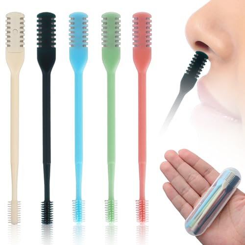 5uds Cortador de Vello Nasal 2 en 1, Recortador de Vello Nasal de Doble Cara Limpiador de Vello Nasal Giratorio de 360° Manual para Depilación de Fosas Nasales con Caja para Hombres Mujeres