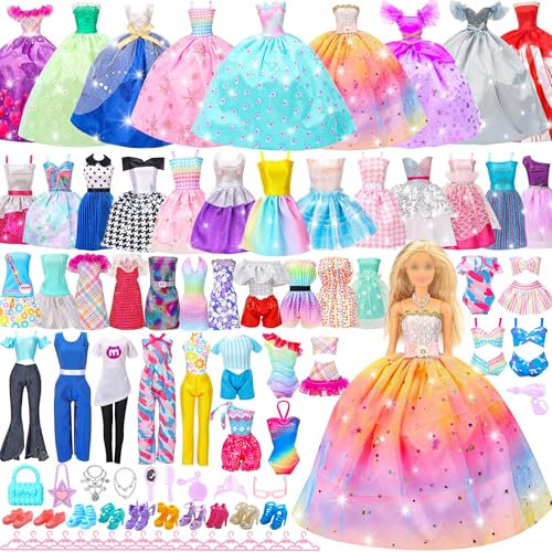 52-teiliges Puppenkleidungsset für 29,2 cm große Puppe und Barbie: 2 Hochzeitskleider, 6 modische Kleider, 2 lässige Outfits, 2 Badeanzüge, 10 Paar Schuhe, 10 Mode-Accessoires und 20 Kleiderbügel