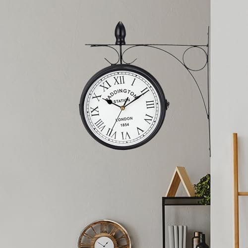 JHY DESIGN Doppelseitige Uhr 21 Zentimeter Metall Bahnhofsuhr Wasserdicht Wanduhr Hängende Retro Gartenuhr Rund Dekoruhr mit Wandhalterung für Zimmer Haus Außenbereich