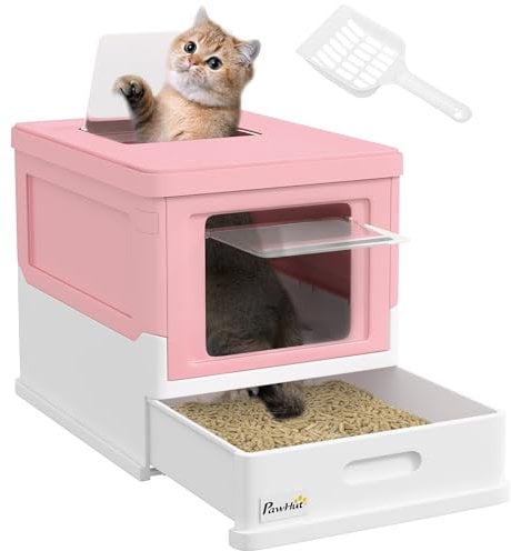 PawHut Arenero Cubierto para Gatos Bandeja Higiénica Desmontable con Entrada Frontal y Salida Superior con Pala Incluida para Gatos de hasta 5kg 47,5x35,5x36,7 cm Rosa y Blanco