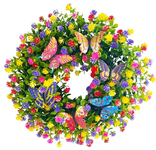 Türkranz Ganzjährig,Bunter Kunstblumen Kranz,Künstliche Eukalyptus Kranz Für Bauernhaus,Garten, Wand,Wohnzimmer Flur Hochzeit,Haustür Deko (Schmetter, 43CM)