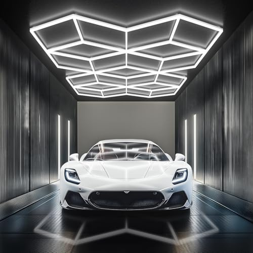 Gonengo Large Hexagonal Garage Light, a set of 51 LED ceiling lights, suitable for garages, showrooms, basements, car maintenance workshops and similar venues, complete with mounting clips