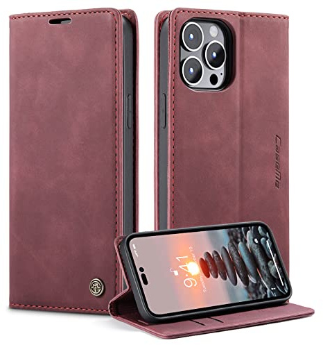Monweicz Handyhülle für iPhone 14 Pro Max Hülle Premium Lederhülle Klappbar Flip Case Tasche Magnet Kartenfach Standfunktion Klapphülle Schutzhülle für iPhone 14 Pro Max - Weinrot