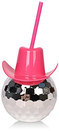 WREWING Disco Ball Cocktail Cups with Straws - Sparkling Party Cups with Cowboy Hat Design, Fun Flash Drinkware for Themed Parties & Celebrations