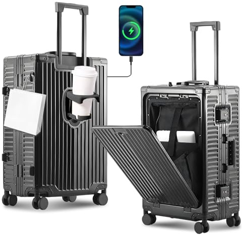Gets All Aluminum Carry on Luggage Airline Approved,20 Inch Hardshell Spinner Luggage With Cup Holder and USB Charger,TSA Lock,Front Pocket Durable Suitcase for Women Men, Black, 20 inch