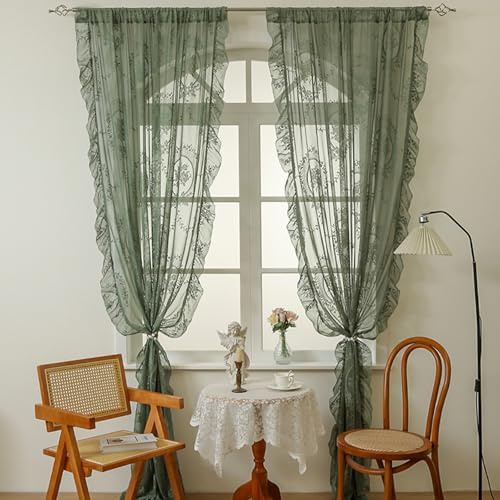 Fmorgen Französische Spitzenvorhang Durchlässig Spitzenvorhang, 2 Stück Spitzengardinen Gardinen Vintage-Fensterbehandlung Ösenvorhang für Wohnzimmer Schlafzimmer 140x200CM(BxL)