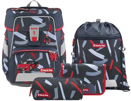 Step by Step SPACE Schulranzen-Set Sports Car Mick, 5-tlg., grau-rot | Ergonomisches Schulranzen-Set im Auto-Design mit Reflektoren und höhenverstellbarem Rücken