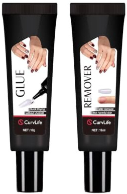 CurvLife 10g Semi Solid Nail Glue for Press Ons with 15ml Nail Glue Remover | No UV/LED Lamp Needed, Gap-Filling Air-Dry Nail Tips Glue Gel For Press on nails and Non-Acetone Gentle Remover