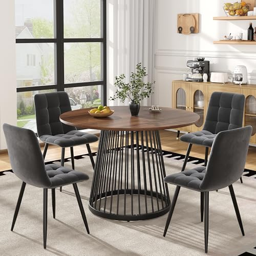Kelodan Juego de mesa de comedor de 80 cm (5 piezas, con 4 sillas), moderno juego de mesa de cocina redonda con patas de metal negro, tablero DM color nogal, sillas de terciopelo
