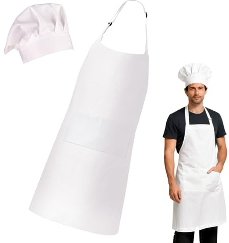 Kochschürze Herren,Weiß Küchenschürze und Kochmütze,Verstellbare Koch Kostüm mit 2 Taschen,Wasserdichte Damen Herren Backschürze und Elastische Kochhut,für Küche Hause Restaurant Hotel Café(65x80cm)