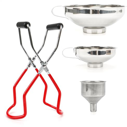 Yooyan Stainless Steel Funnel Set 4-Piece with Disposable Glasses Lifter & Funnel - 3 Sizes Kitchen Funnel Set for Jam, Making, Oil, Spices - Dishwasher Resistant