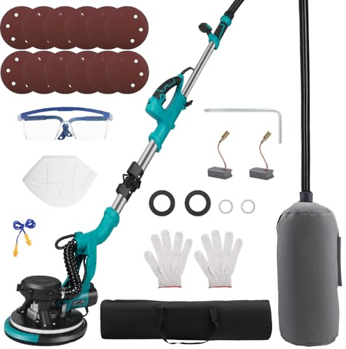 MINENICE levigatrice per muro 850W telescopic giraffa levigatrices 800–2100 giri/min 5 velocità regolabili Testa di rettifica Ø 215mm e inclinabile di 90° levigatrice muro con luce LED