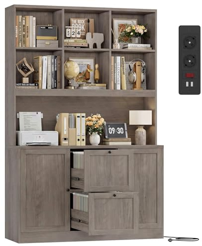 FirFurd Bücherregal Bücherschrank mit 2 Türen 2 Schubladen Steckdosenleiste | Aktenschrank, Mehrzweckschrank, Hängeregistratur für Dokumente in DIN A4- und Letter-Format, 116x40x182cm