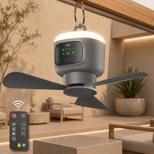 Tragbarer Deckenventilator mit Beleuchtung, 12000mAh Akku & 4 Stufen Camping Ventilator mit Fernbedienung & Timer, 45cm Großer Outdoor Zeltventilator mit Haken, Leise für Terrasse, Pavillon,Wohnmobil