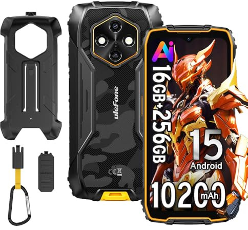 Rugking 4 Pro Movil Irrompible Android 15, 16GB+256GB/TF 2TB Móvil Rugerizado, 10200mAh, 48MP, 6,56 120Hz, Smartphone Todoterreno IP69K, 3-Slots, 4G DUAL SIM, WIFI 5G, NFC/OTG/Con funda, Naranja