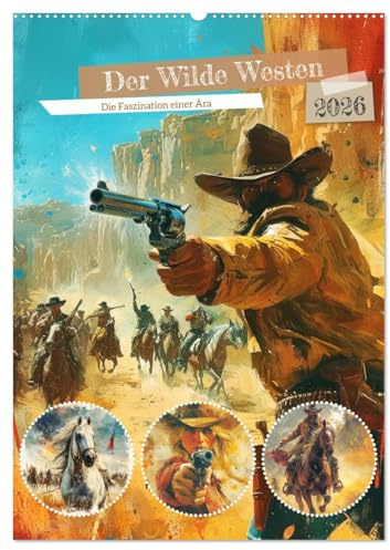 Der Wilde Westen. Die Faszination einer Ära (Wandkalender 2026 DIN A2 hoch), CALVENDO Monatskalender: Cowboys, Revolverhelden und Banditen in tollen Illustrationen (CALVENDO Orte)