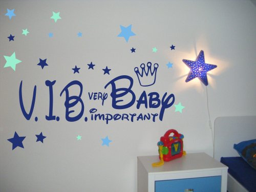 Wandtattoo Kinderzimmer, Kind, Baby ~ Text: VIB Very Important Baby + Krone und Sterne Tricolore blau - für Jungen, Buben ~ 68110-58x23 cm Wandaufkleber Wandtatoos Sticker Aufkleber für die Wand, Fensterbild, Tapetensticker, Türaufkleber