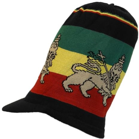 Shoe String King SSK Rasta Knit Tam Hat Dreadlock Cap Mehrere Designs und Größen, Mittellanger Löwe von Juda, Schwarz mit Krempe, 4XL