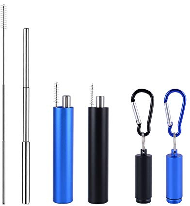 Wolfteeth 2 Pack Pailles Métalliques Télescopiques Réutilisables, Paille à Boire Pliante en Acier Inoxydable Pliable avec étui en métal portable, Brosse de nettoyage télescopique, Noir et Bleu 2502