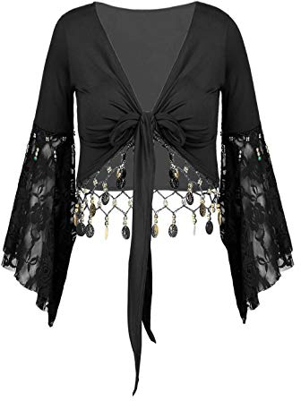 TiaoBug Damen Bauchtanz Kostüm Oberteil Langarm Spitzen Trompetenärmel Jäckchen Binden Top Knoten Shirts Bluse mit Münze Quasten Schwarz XXL