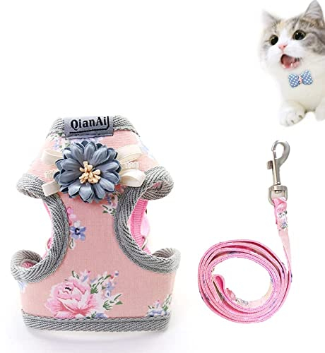 Small Dog Vest Harnesses Adjustable Pet Chest Harness Flower Pattern Lead Rope Set for Small Pet Training Walking (Small, Pink)