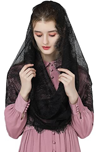 BEAUTELICATE Spitze Mantilla Schal Schleier Tüll Stola Schwarz Blau Für Damen Kirche Messe Kapelle Katholisch Braut V115 (Unendlich Form - Schwarz)