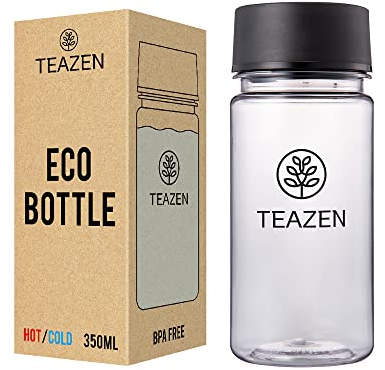 TEAZEN Eco Bottle Wiederverwendbare Trinkwasserflasche, leicht, auslaufsicher, BPA-frei, breite Öffnung und leicht zu reinigen, zufällige Farbe, entweder schwarz oder violett, 350 ml